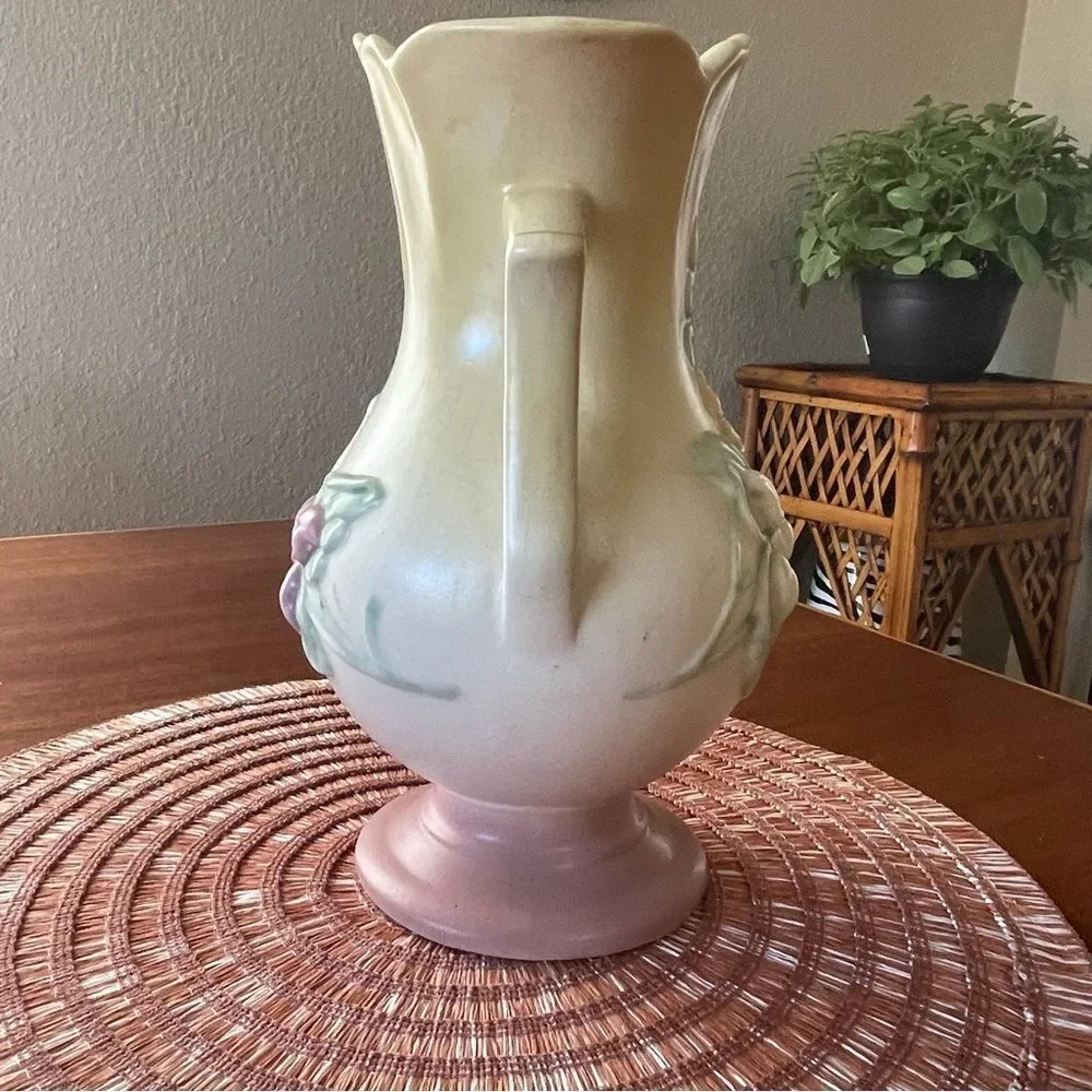 Vintage Hull Art Floral Double Handle Pottery Vase Pink Yellow Pink Green